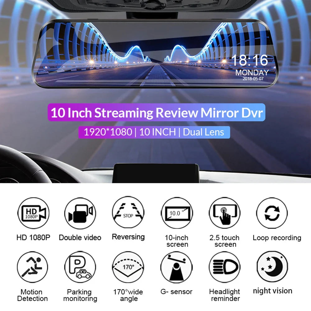 Mirror Camera for Car 10 Inch Touch Screen Video Recorder Rearview mirror Dash Cam Front and Rear Camera Mirror DVR Black Box