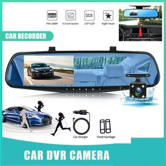 4.3 Inch Driving Recorder Car DVR Dash Cam Front and Rear Camera Mirror DVR Black Box 170 Degree Wide Angle Car Video Recorder