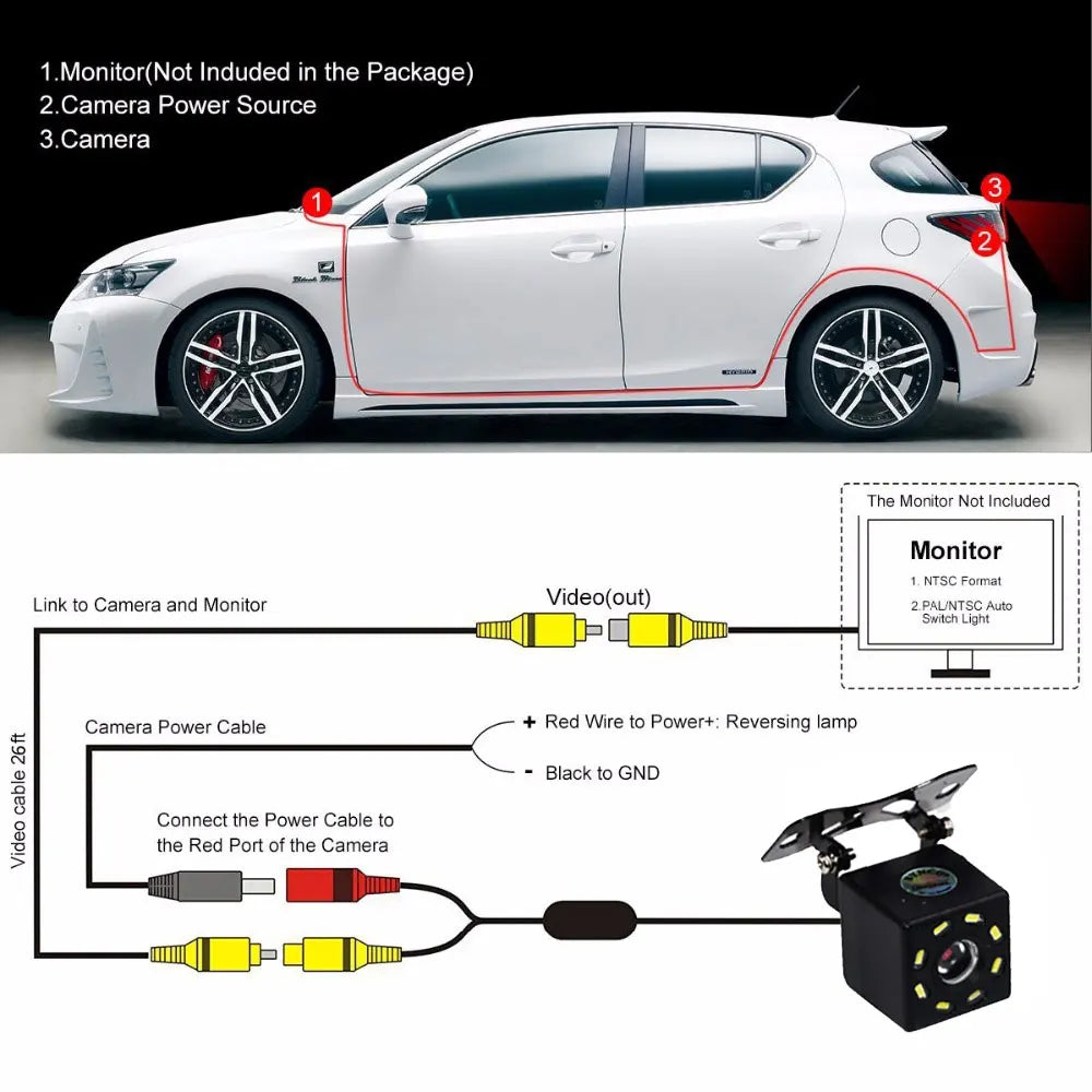 Car Rear View Camera Night Vision Reversing Auto Parking Camera IP68 Waterproof CCD LED Auto Backup Monitor Wide Degree HD Image